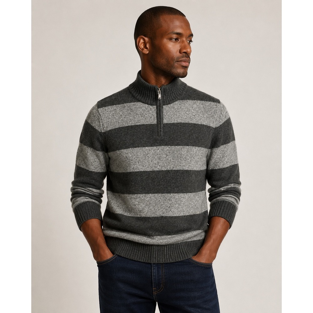Daniele Blasi Mens Wool Blend Quarter Zip Striped Sweater Grey Made in Italy L